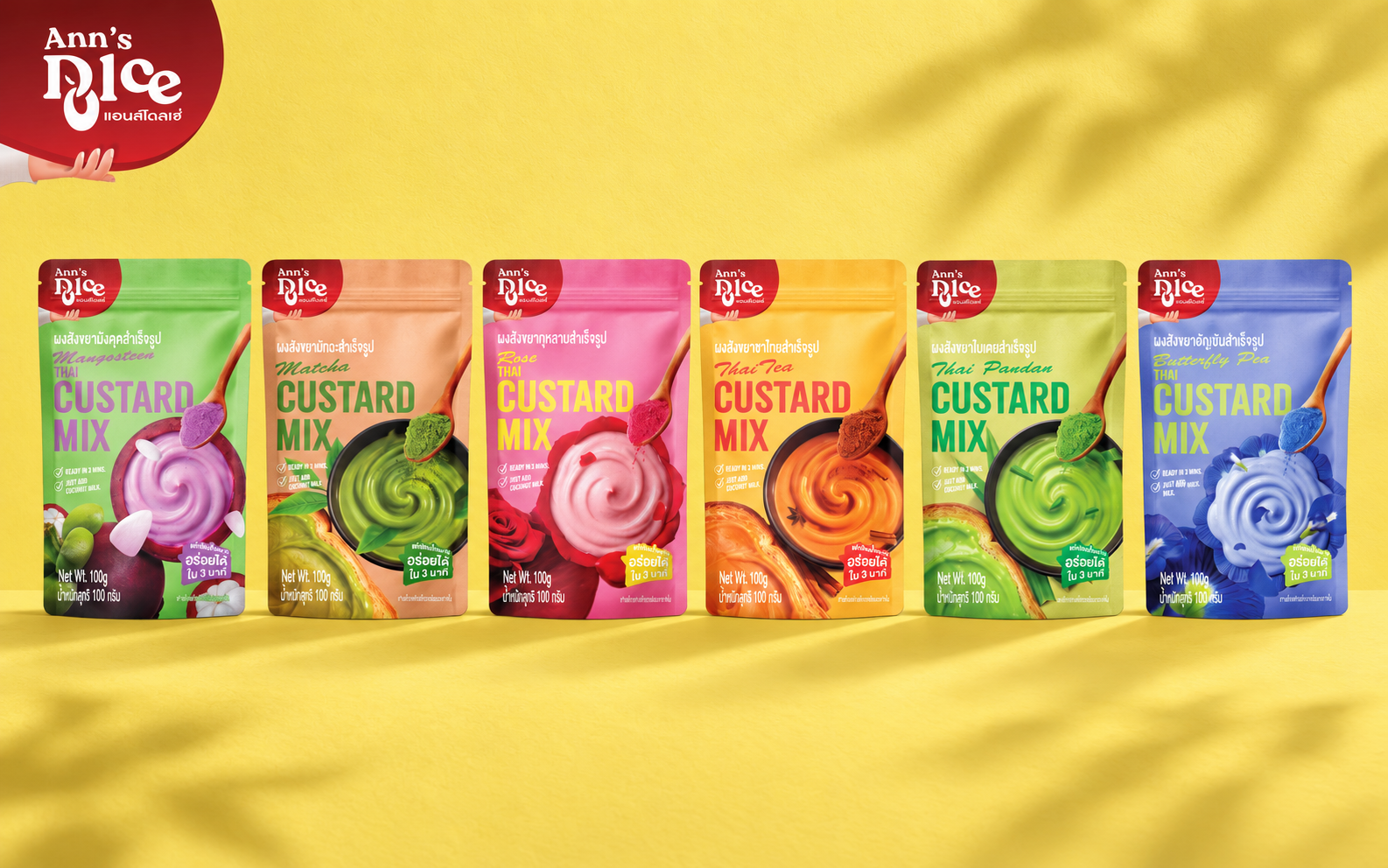 The full Ann’s Dolce range of six Thai custard mixes