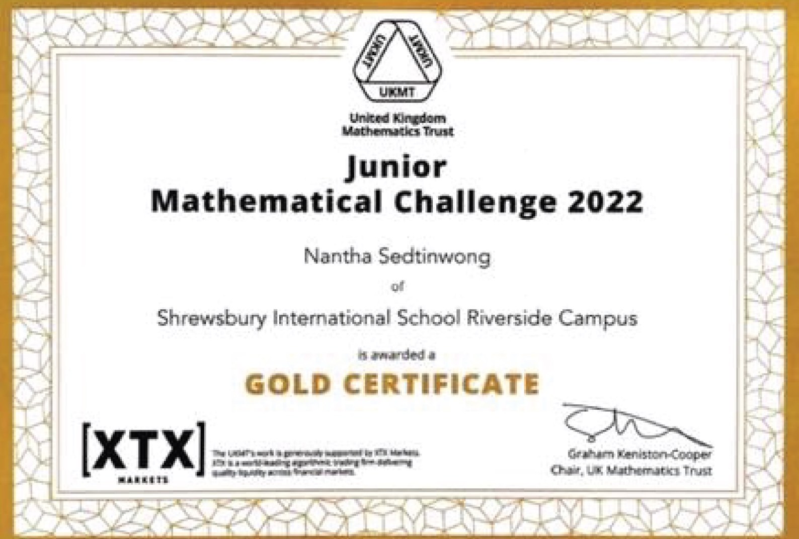 UKMT Junior Mathematical Challenge 2022 Gold Certificate