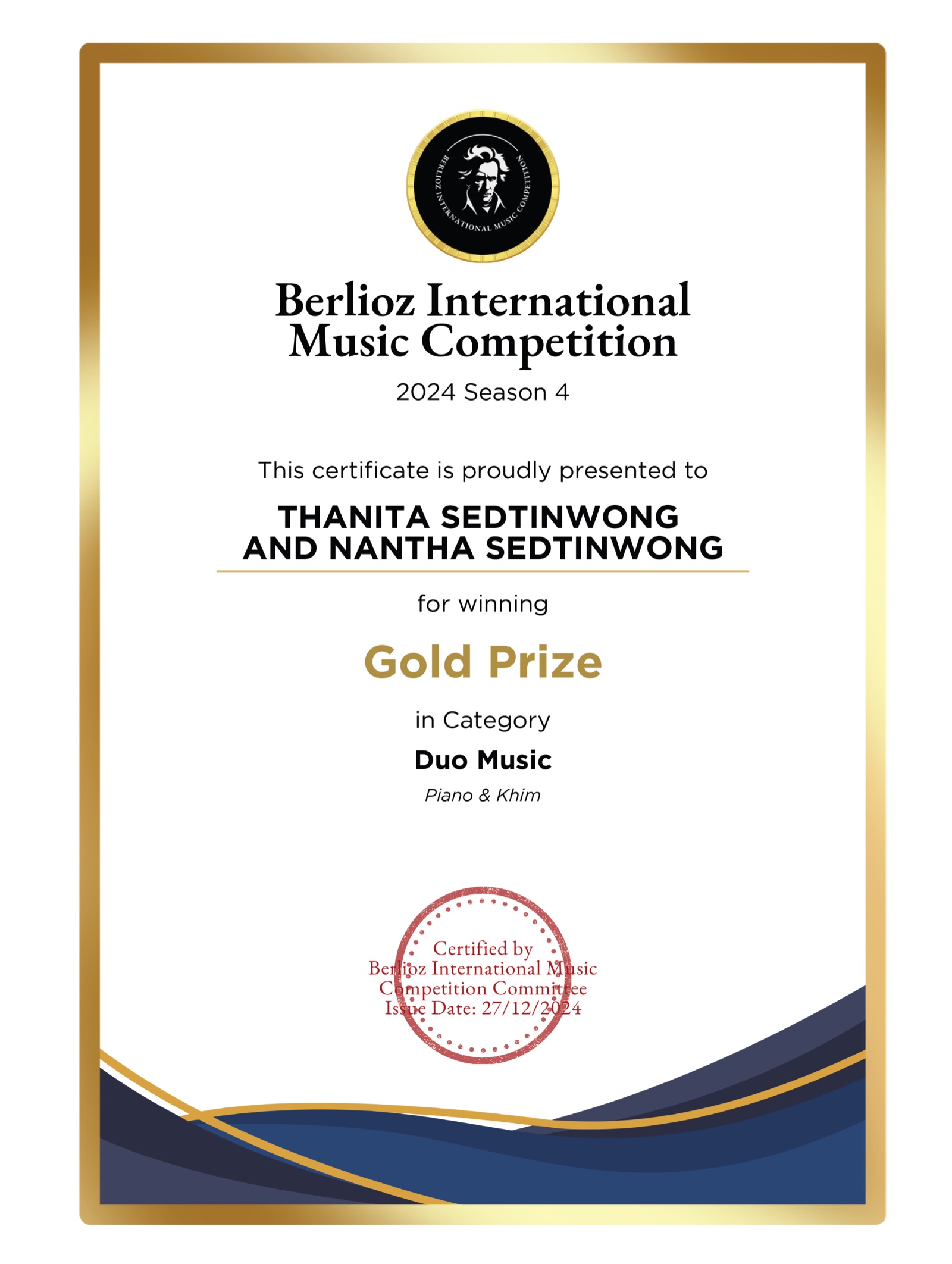 Berlioz International Music Competition duo Gold Prize certificate