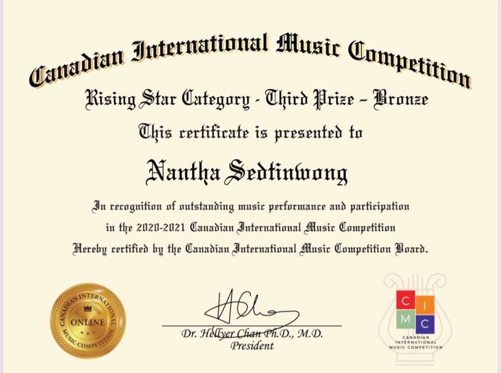 Canadian International Music Competition certificate