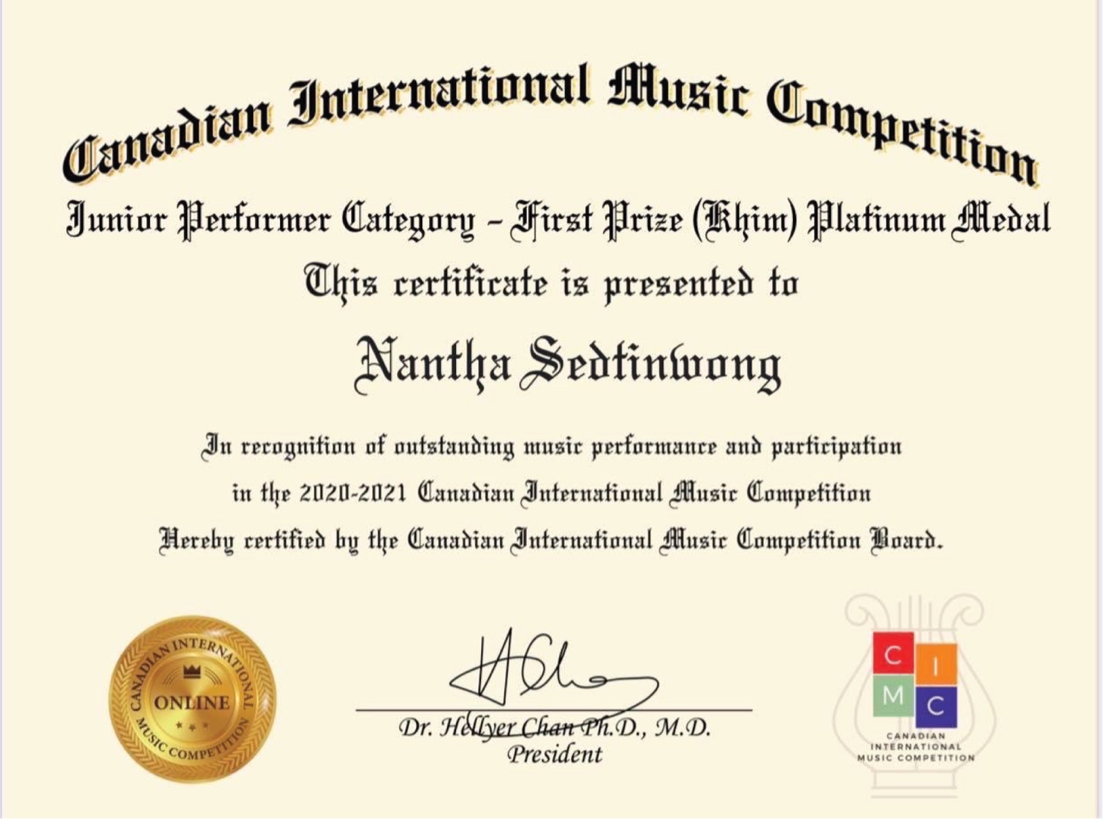 Canadian International Music Competition certificate
