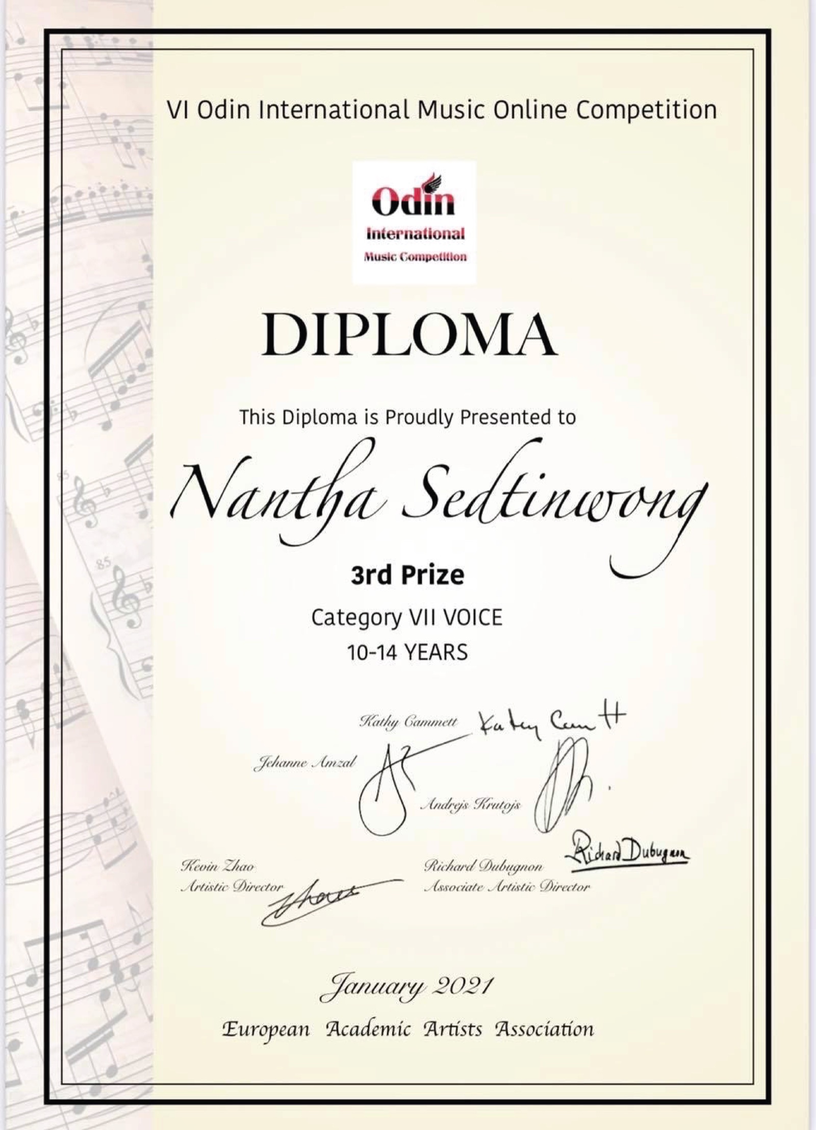 VI Odin International Music Online Competition diploma