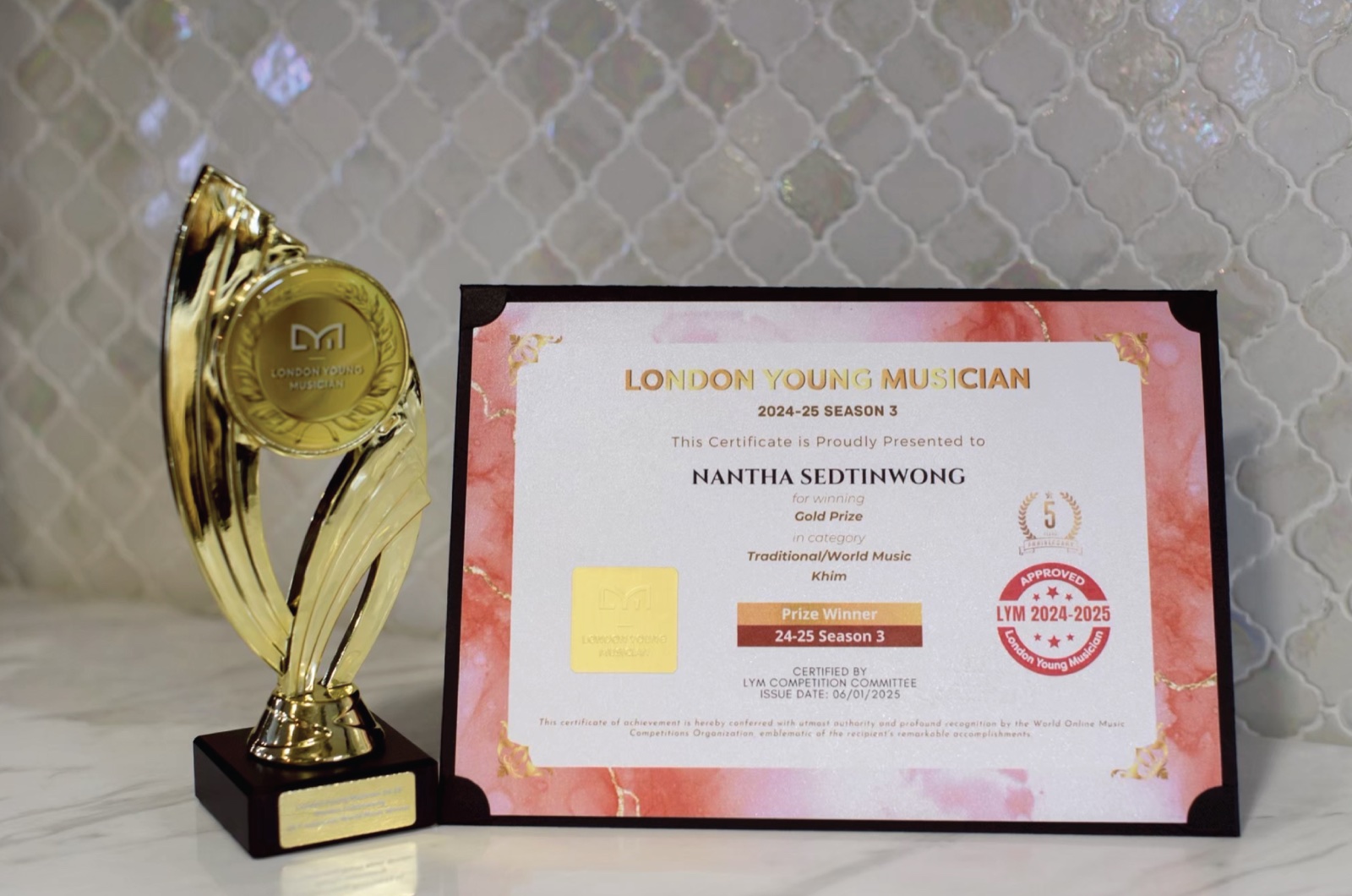 London Young Musician trophy and certificate
