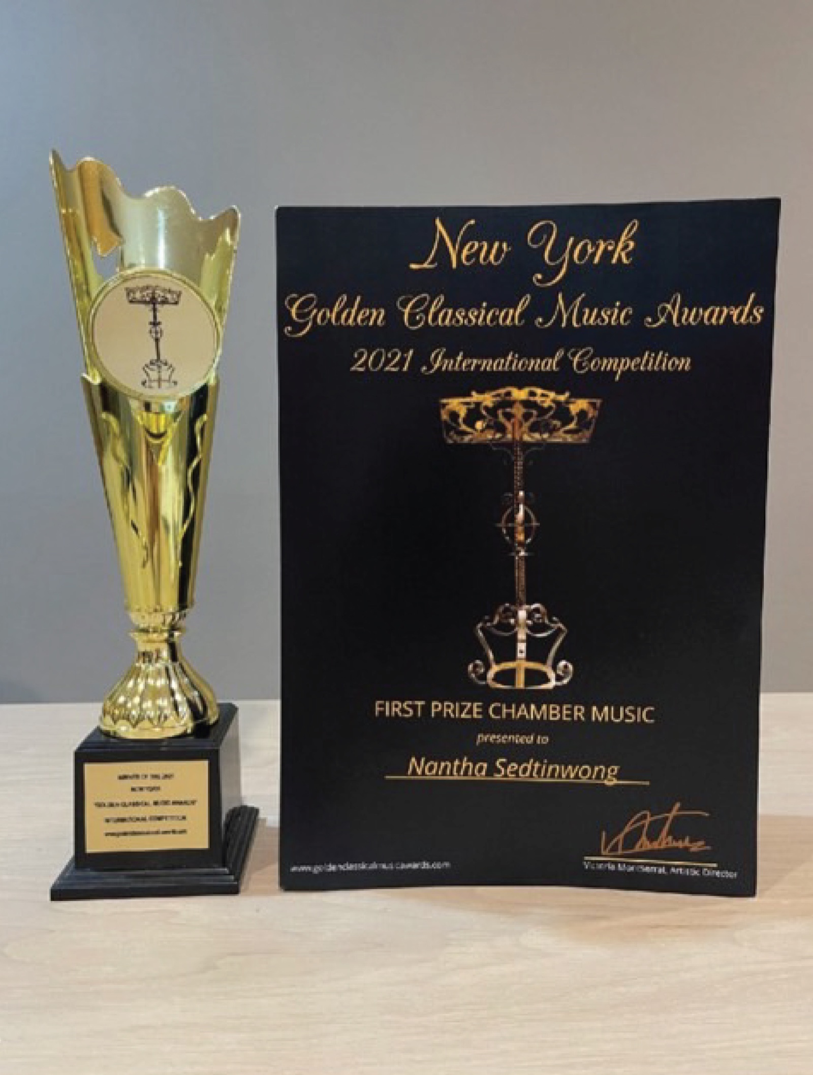 New York Golden Classical Music Awards trophy and certificate