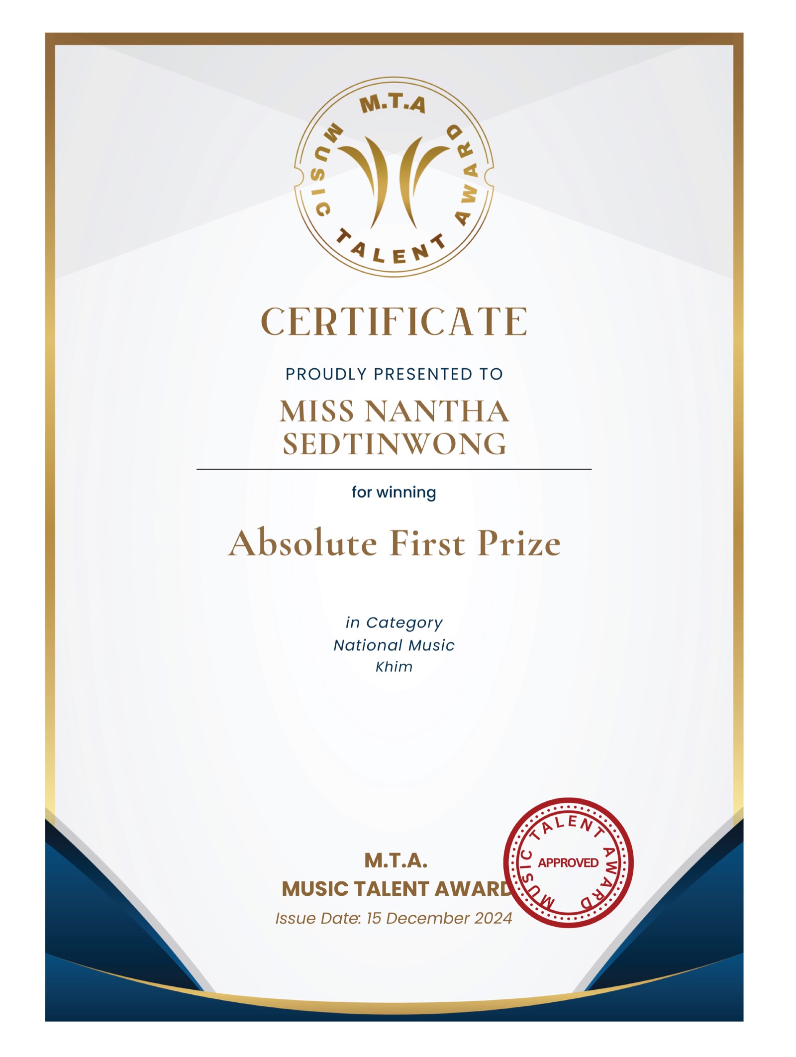 Music Talent Award Absolute First Prize certificate