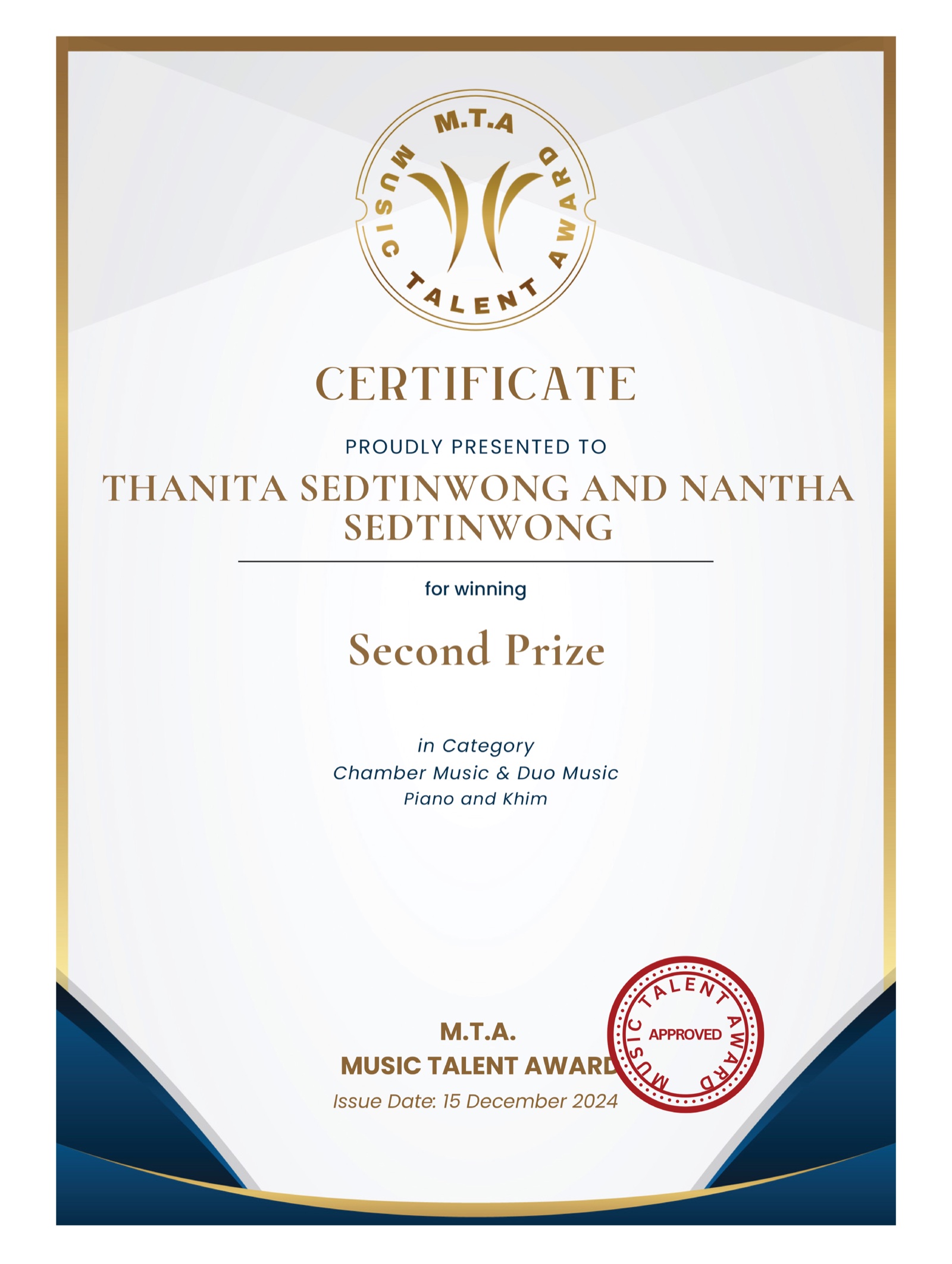 Music Talent Award Second Prize certificate