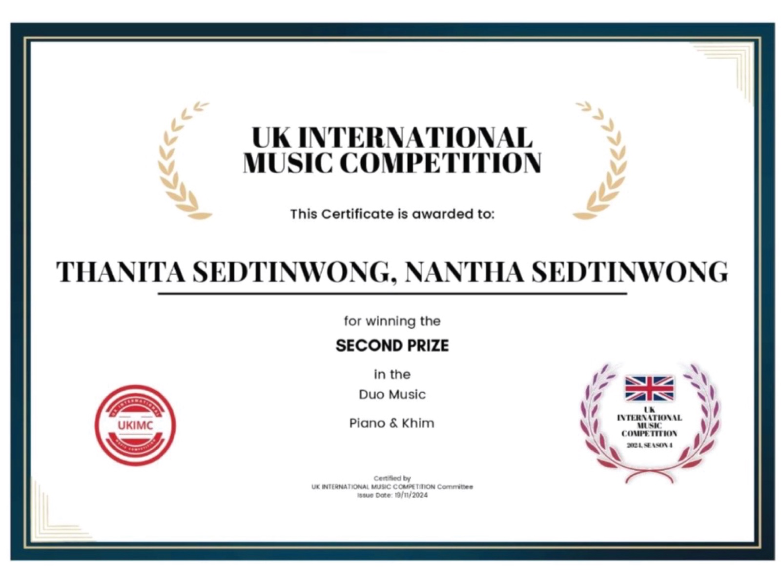 UK International Music Competition duo Second Prize certificate