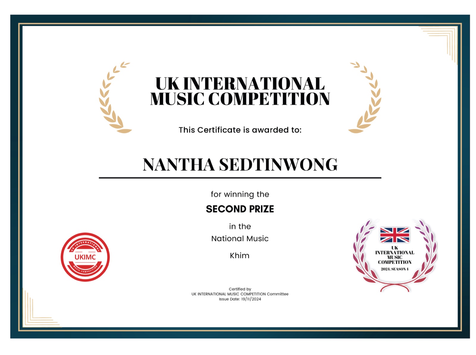 UK International Music Competition national music Second Prize certificate