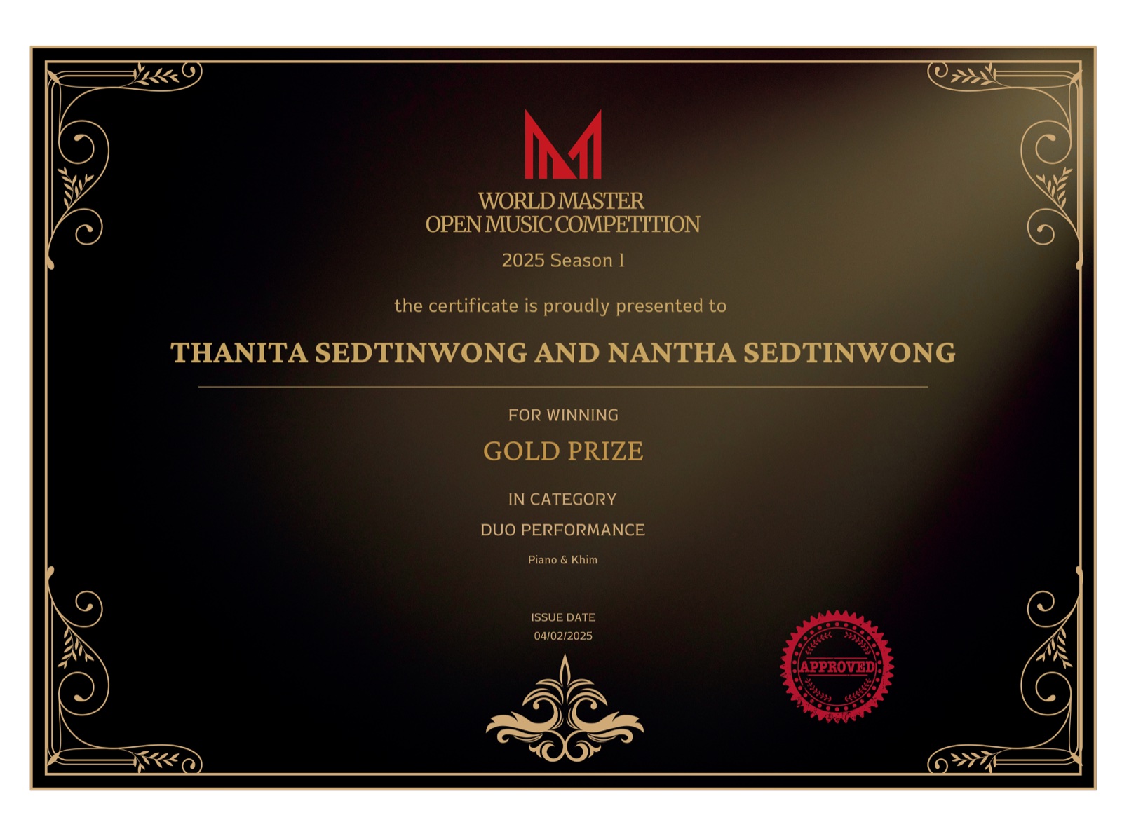 World Master Open Music Competition duo Gold Prize certificate