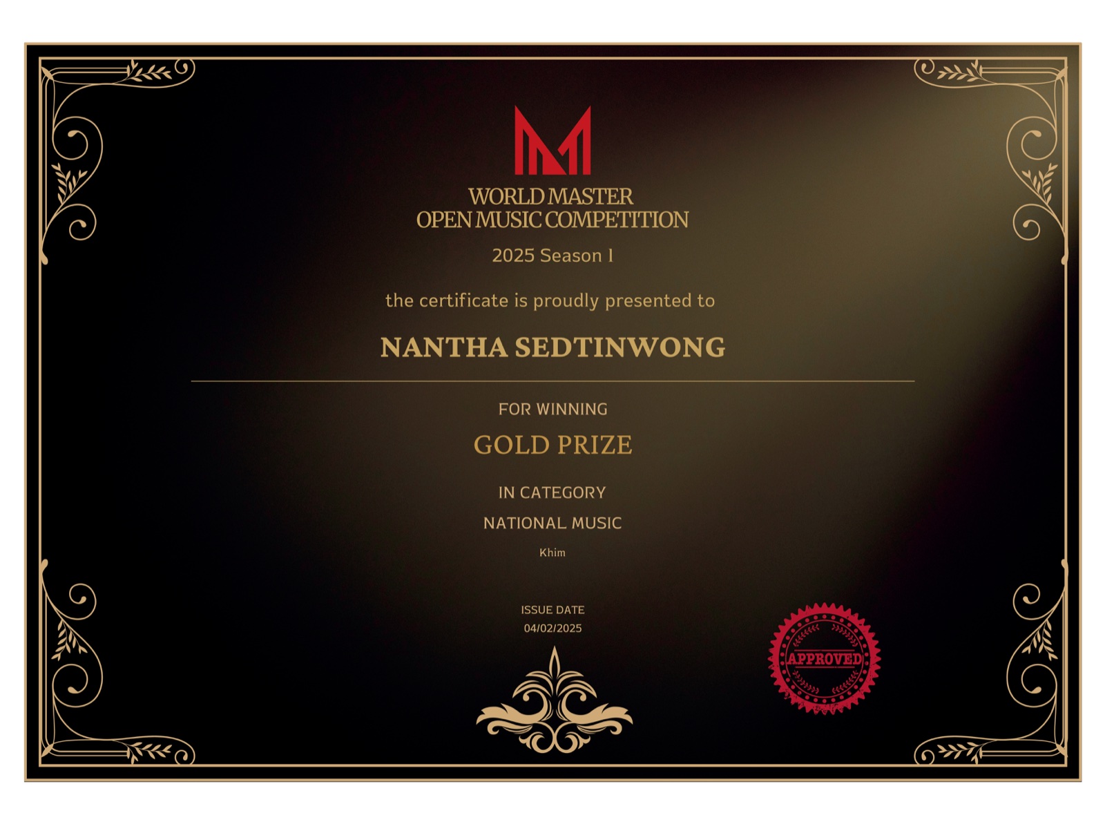 World Master Open Music Competition national music Gold Prize certificate