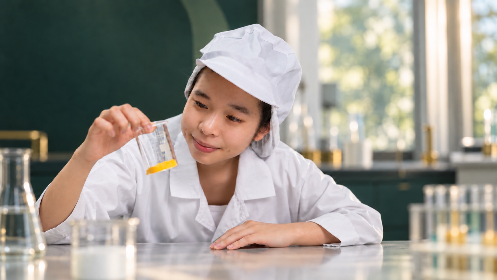 Annie examining a sample in a chemical engineering laboratory