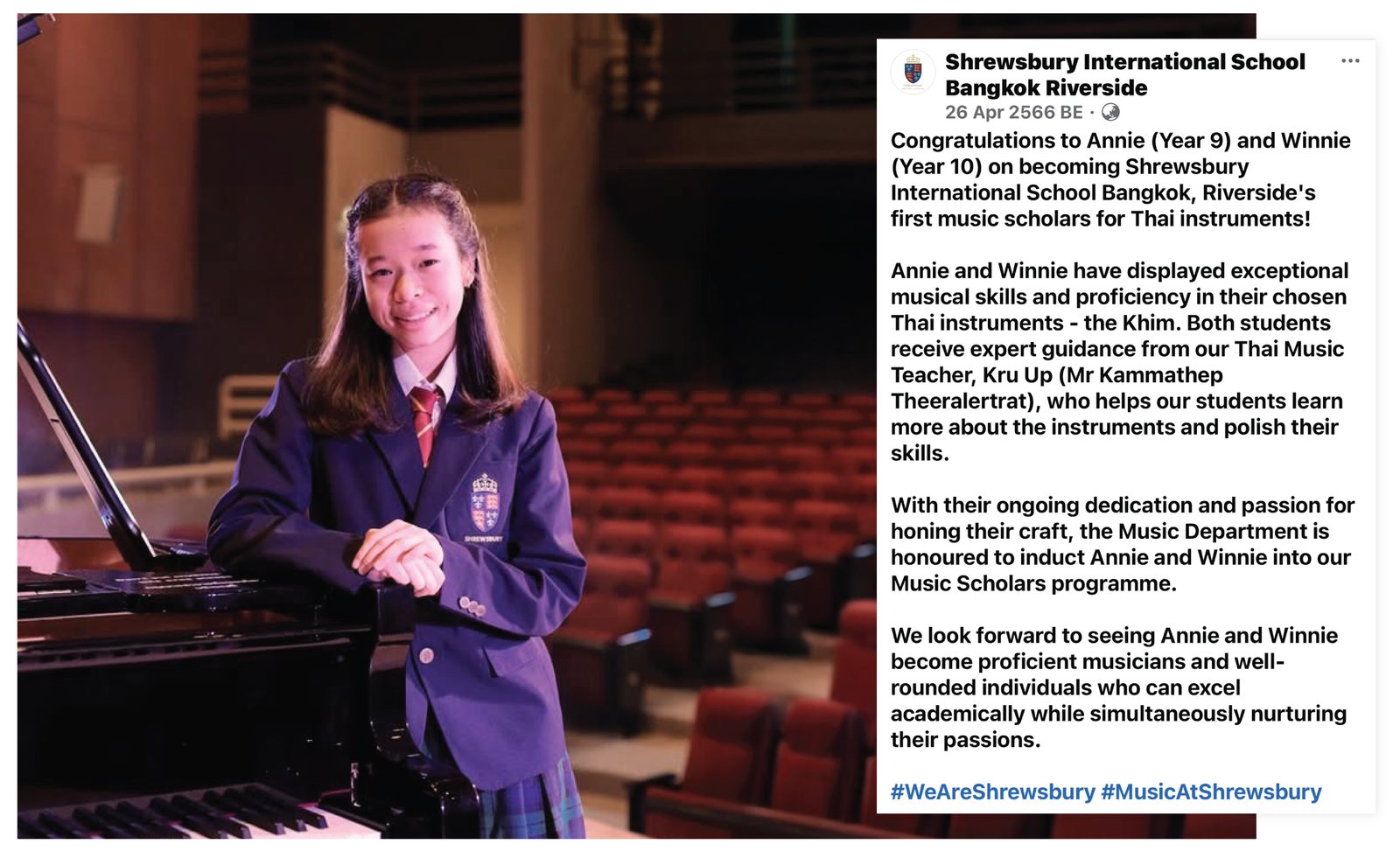 Annie at Shrewsbury International School Bangkok Riverside with the music scholarship announcement