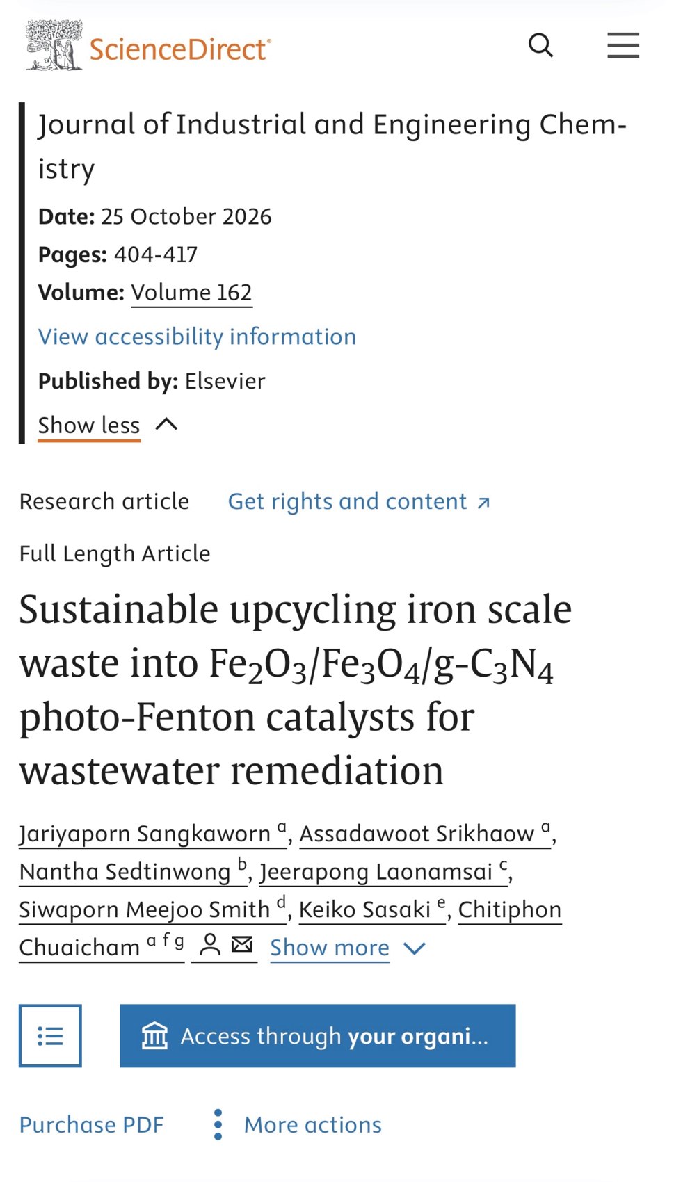 ScienceDirect page of the article in the Journal of Industrial and Engineering Chemistry, Volume 162