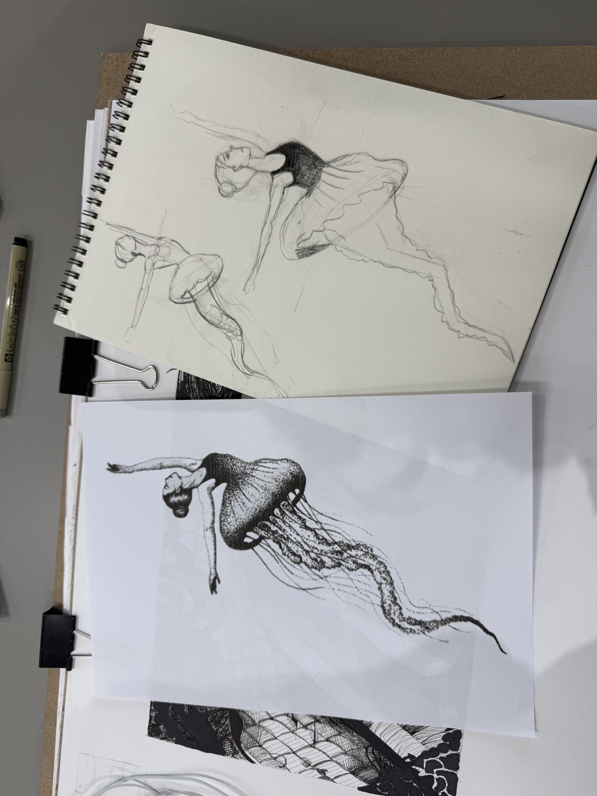 Annie’s pencil sketch and ink stipple drawing of a dancer as a jellyfish